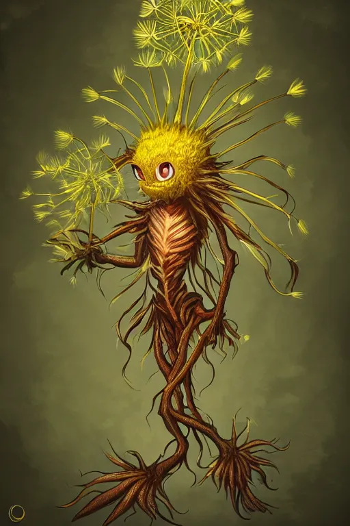 Image similar to a humanoid figure dandelion plant monster, amber eyes, highly detailed, digital art, sharp focus, ambient lighting, glowing, trending on art station, anime art style