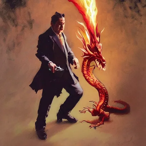 Image similar to A mafia man with a tobacco in his left hand, behind him is a Chinese dragon emanating a red aura of danger art by Craig Mullins, Simon Bisley, Gregory Manchess, Fernanda Suarez, Artem Demura, Alphonse Mucha, Donato Giancola, Jason Felix, Steve Argyle, Tyler Jacobson, Peter Mohrbacher, trending on artstation, digital art