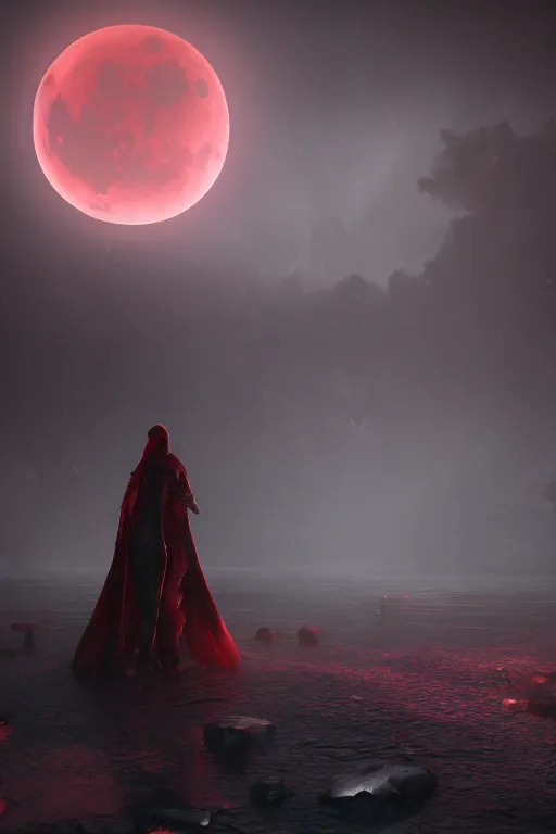 Image similar to death comforting life, perfectly circle red moon in the sky, dark and dim lighting, night, storm of all storms, weird, spooky, enchanted scene, evil, beautiful, spooky, haunted, environment concept, cgsociety, environment 8K artstation, cinematic lighting, intricate details, extreme beauty, Unreal Engine 5