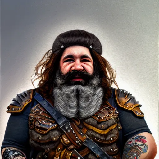 Prompt: portrait painting of a dwarven modern biker, sharp focus, award - winning, trending on artstation, masterpiece, highly detailed, intricate. art by merwild and ernesto irawan and rachel denton