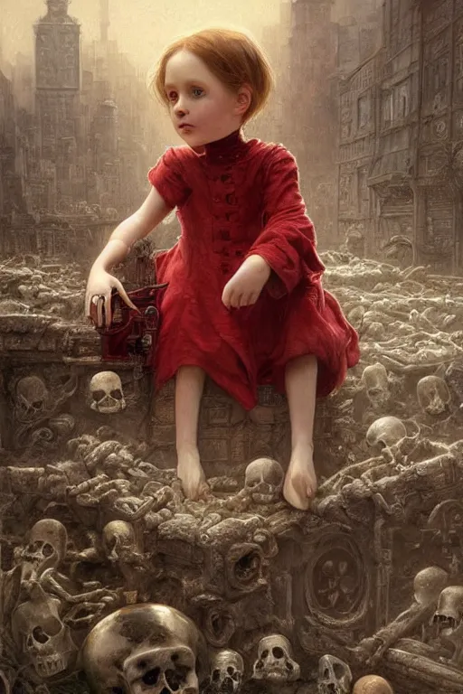 Image similar to photorealistic portrait photograph of a sad pale victorian robot child sitting on a red sofa made of human bones, surreal cityscape background, fantasy, depth of field, soft focus, highly detailed, intricate, realistic, national geographic cover, soft glow, textured, artstation, concept art, sharp focus, illustration, art by artgerm and greg rutkowski and alphonse mucha