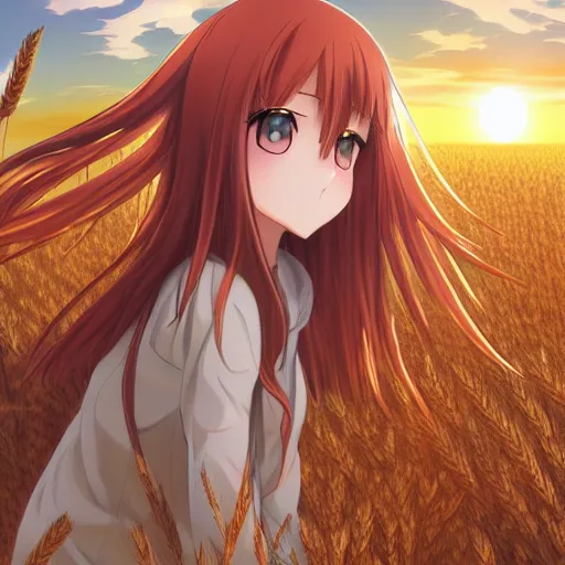 Image similar to anime illustration of Holo from Spice and Wolf standing in a wheat field at sunset, Holo if a wolf girl, high detail, trending on artstation