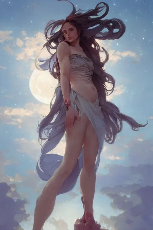 Prompt: jojo pose, fantasy, beautiful leg, long hair, girl, portrait, cloud sky and moon night background, high detail, concept art, digital art, illustration, smooth, sharp focus, greg rutkowski, alphonse mucha, trending on artstation, trending on deviantart,