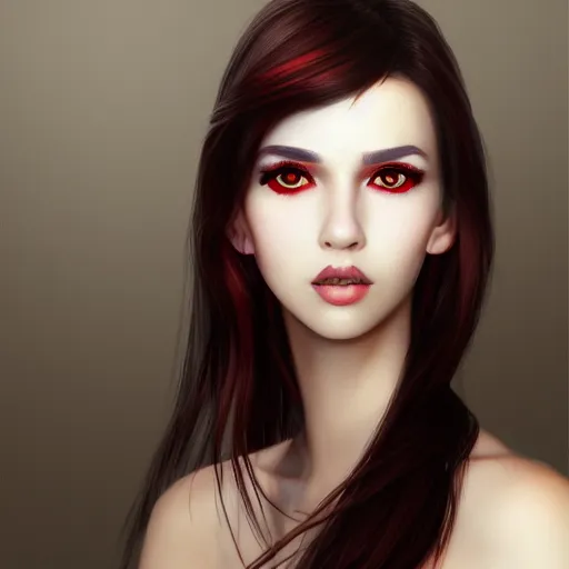 Prompt: a realistic illustration portrait of a beautiful cute girl with wavy black red hair, a pointy nose and, round chin black eyeliner, trending on artstation, hyper - realistic lighting