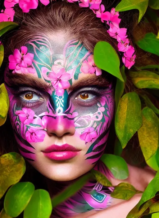 Prompt: a beautiful portrait of a beautiful woman in the jungle surrounded by pink flowers, tribal face paintings, matte painting, fantasy art