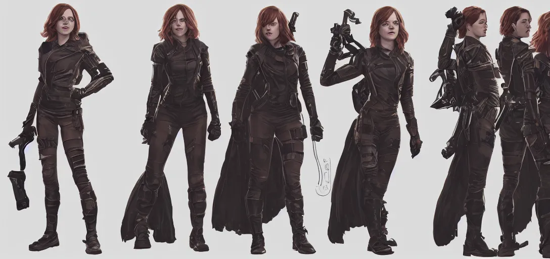 Image similar to character sheet concept art of emma stone as emma watson as a superhero, realistic, hyperrealistic, photographic, costume, wlop, dan mumford, greg rutkowski, high detail, octane render, alexander mcqueen, james gurney, james jean, mucha, photo, 8 k, intricate