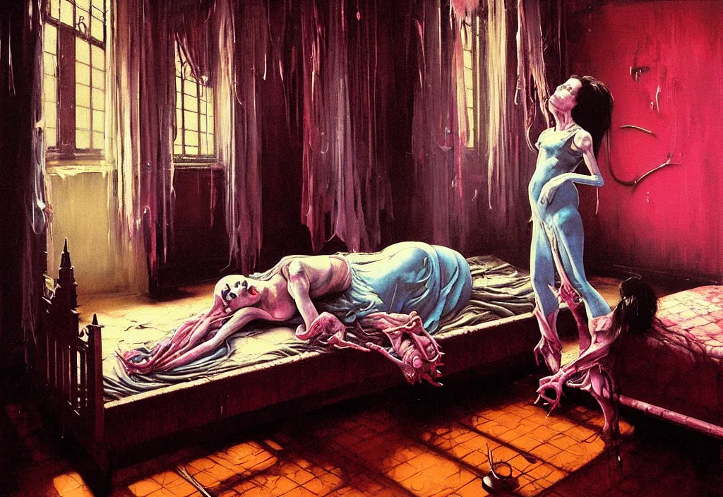 Prompt: realistic detailed image of a girl in an old soviet girlish room with a little monster hiding!!! under the bed!!! by Francis Bacon, by Ayami Kojima, Amano, Karol Bak, Greg Hildebrandt, and Mark Brooks, Neo-Gothic, gothic, rich deep colors. Beksinski painting, part by Adrian Ghenie and Gerhard Richter. art by Takato Yamamoto. masterpiece. ultra details, high quality, high resolution .