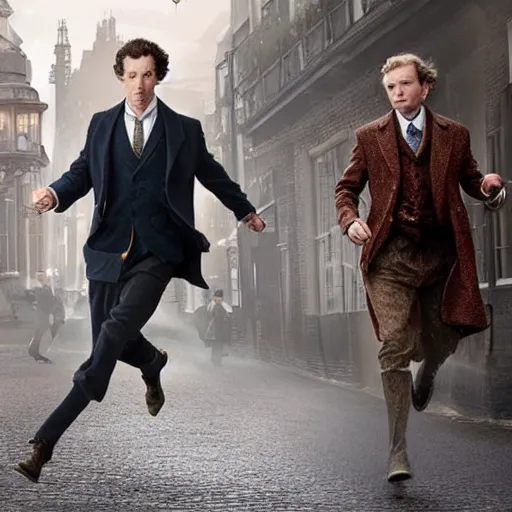 Image similar to [UHD candid photo of Sherlock Holmes running down the streets of futuristic steampunk London, correct face, accurate details, graphic detail, sharp focus by Annie Leibowitz]