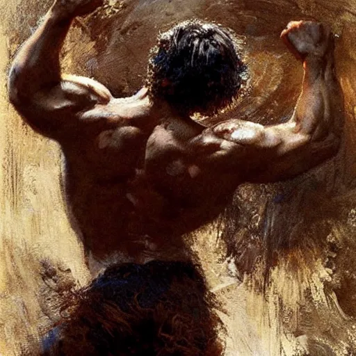 Image similar to jake gyllenhaal with a hairy!!!!! shredded!!!!! body type, painting by Gaston Bussiere, Craig Mullins