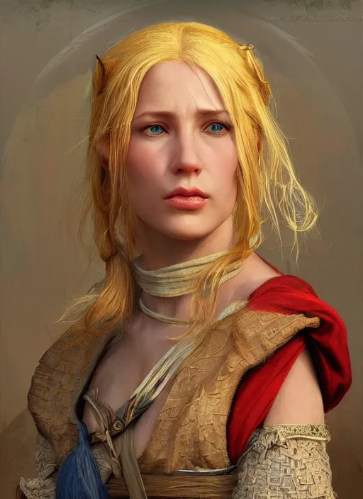 Image similar to blonde peasant woman, fantasy, medieval, vivid colors, fantasy, elegant, concept art, sharp focus, beautiful face!!, digital art, hyper - realistic, 4 k, unreal engine, highly detailed, hd, dramatic lighting by brom, trending on artstation