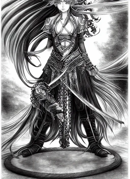 Image similar to hyper - realistic line art pencil drawing of a fantasy warrior anime woman withwith long hair twirling, very exaggerated fisheye perspective, art by shinichi sakamoto