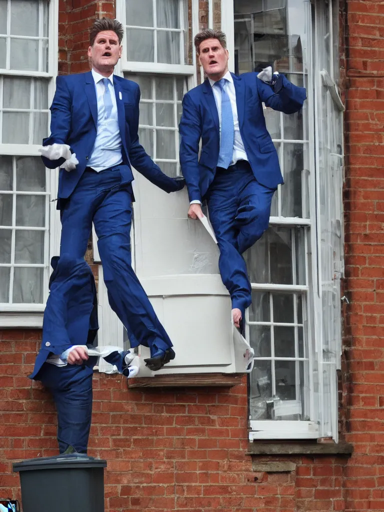 Prompt: Sir Kier Starmer wearing a blue suit angry as he throws a bin through a window