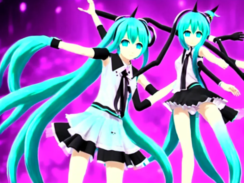 Prompt: hatsune miku dancing with the devil in hell