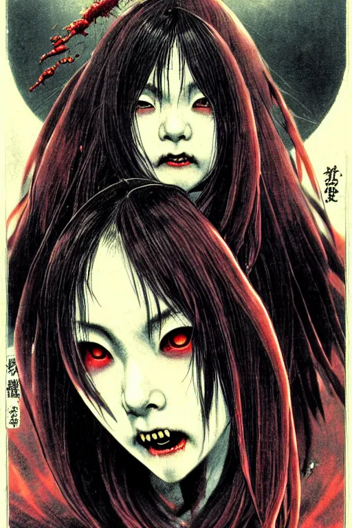 Image similar to japanese vampire girl, character portrait, portrait, close up, concept art, intricate details, highly detailed, eyes, yokai, blood, fangs, soft light, vintage sci - fi poster, in the style of chris foss, rodger dean, moebius, michael whelan, and gustave dore