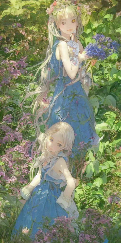 Image similar to a digital art of a loli with long hair in a dress in the privet garden at after noon, green and warm theme, mediumslateblue flowers, low angle, back lighting, by krenz cushart and mucha and akihito yoshida and greg rutkowski, highly detailed, 4 k resolution, trending on art station