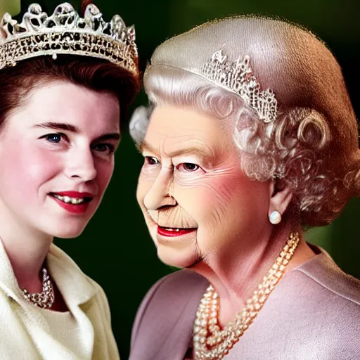 Image similar to A portrait photo of queen elizabeth teams up with a teenage queen elizabeth, perfect faces, 50 mm, award winning photography