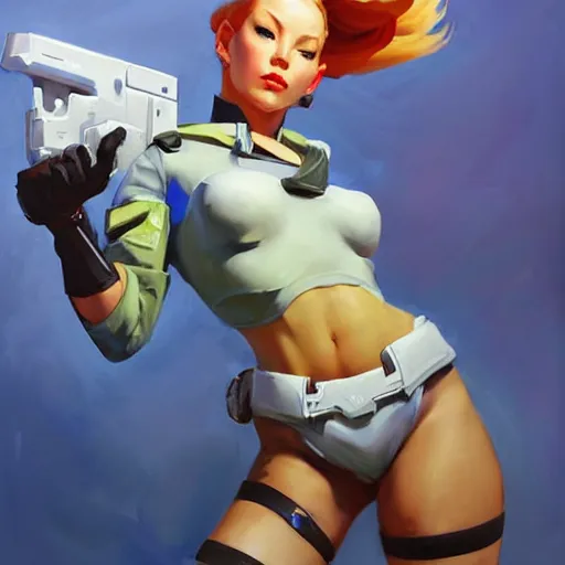 Image similar to Greg Manchess portrait painting of Cammy White as Overwatch character,, wacky, medium shot, asymmetrical, profile picture, Organic Painting, sunny day, Matte Painting, bold shapes, hard edges, street art, trending on artstation, by Huang Guangjian and Gil Elvgren and Sachin Teng