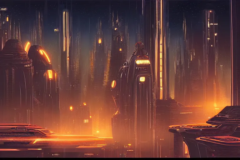 Image similar to a scifi illustration, Night City on Coruscant by robert hubert