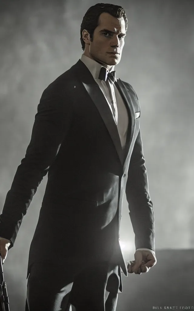 Image similar to henry cavill in the role of james bond, by barret frymire, cinematic, moody lighting, cinematic lighting