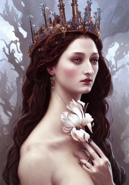 Image similar to portrait of sansa dark monster queen, intricate, elegant, highly detailed, digital painting, artstation, concept art, smooth, sharp focus, illustration, art by artgerm and greg rutkowski and alphonse mucha and william - adolphe bouguereau