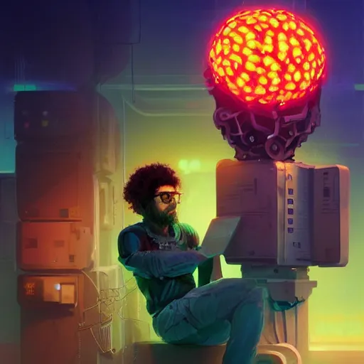 Prompt: cyberpunk curly - haired persian programmer next to an artificial brain on a stand, winner of behance, hd trending on artstation by jesper ejsing, by rhads, makoto shinkai and lois van baarle, ilya kuvshinov, ossdraws