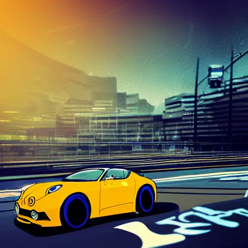Image similar to 3 d photo of an anime girl with cat ears and long hair looking to her side, racing down a tokyo highway in the drivers seat of an alpine a 1 1 0, bokeh, shader, anime art style, highly detailed, cel - shaded, colorful, animated, trending
