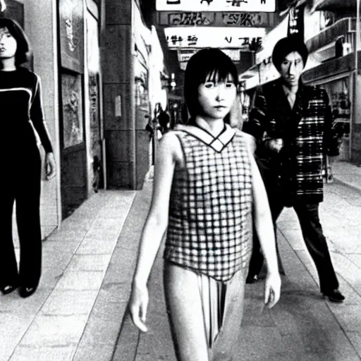 Prompt: 1 9 7 0 s japanese tv show, body - horror, bw, mechanical inhuman monsters walking the streets of shinjuku,