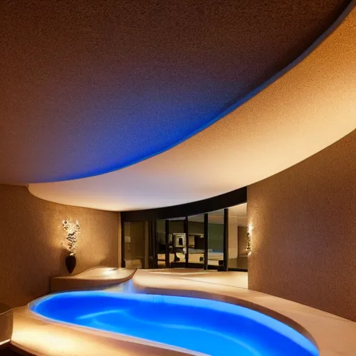 Prompt: a tiled, curvaceous pool room with cool blue lighting and dark shadows