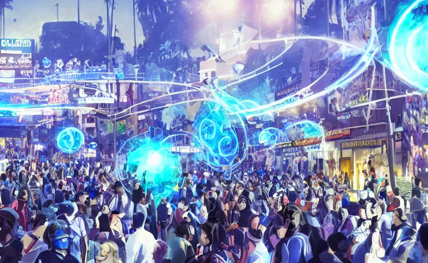 Image similar to crowd of crazy people with posters attacking cops in front a huge blue spiral - shaped bright white luminous attractor that is floating and stores in los angeles with light screens all over the street, concept art, art for the game, professional lighting, night lighting from streetlights