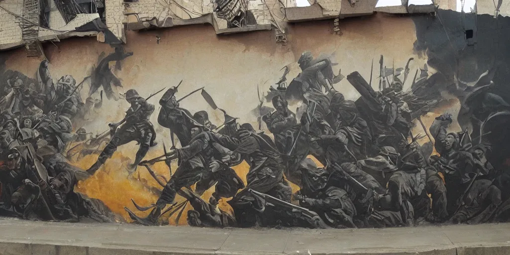 Image similar to a mural depicting war, dark colors, a sense of difficulty, heroic, epic