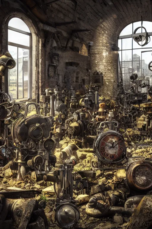 Prompt: a steampunk landscape with a pile of rubble and valves and clocks, with a corner wall with a window and the light shining through