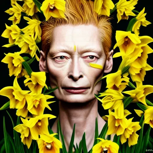 Prompt: medium shot, tilda swinton face fused with daffodil, eyes visible, head covered with leaves, inside the flower, daffodils field, highly detailed, shallow depth, bokeh, codachrome, polaroid, unreal engine, 3 d art, digital art, painting by greg rutkowski