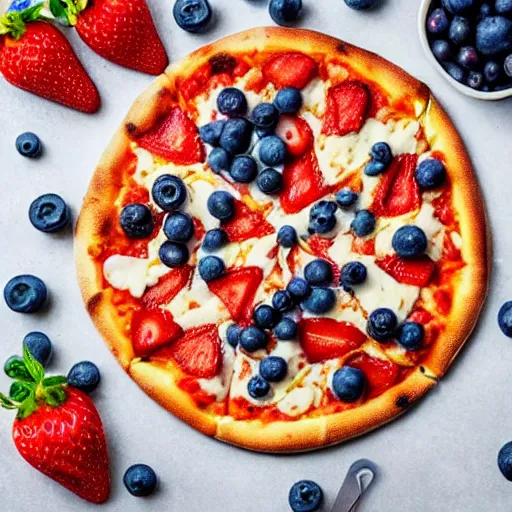 Image similar to a photograph of a professionally baked pizza topped with strawberries, blueberries, pickles, and ranch dressing