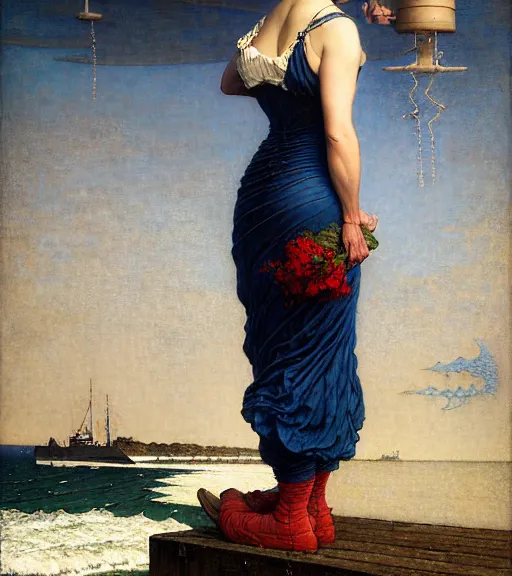 Image similar to a fancy beautiful young lady standing on a wharf at the edge of the sea by brom and gil elvgren and jean delville and william blake and norman rockwell and dan mumford, crisp details, hyperrealism, high detail, high contrast, low light, grey mist, cobblestones, dim lantern