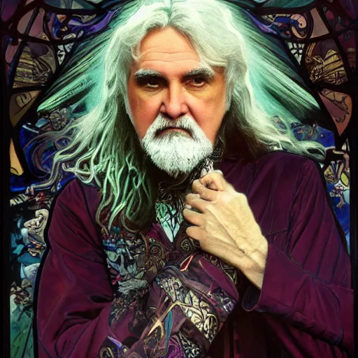 Prompt: billy connolly painted by salvadore dali in the style of the four seasons by alphonse mucha. cyberpunk dystopian portrait. high quality digital art render. 4 k