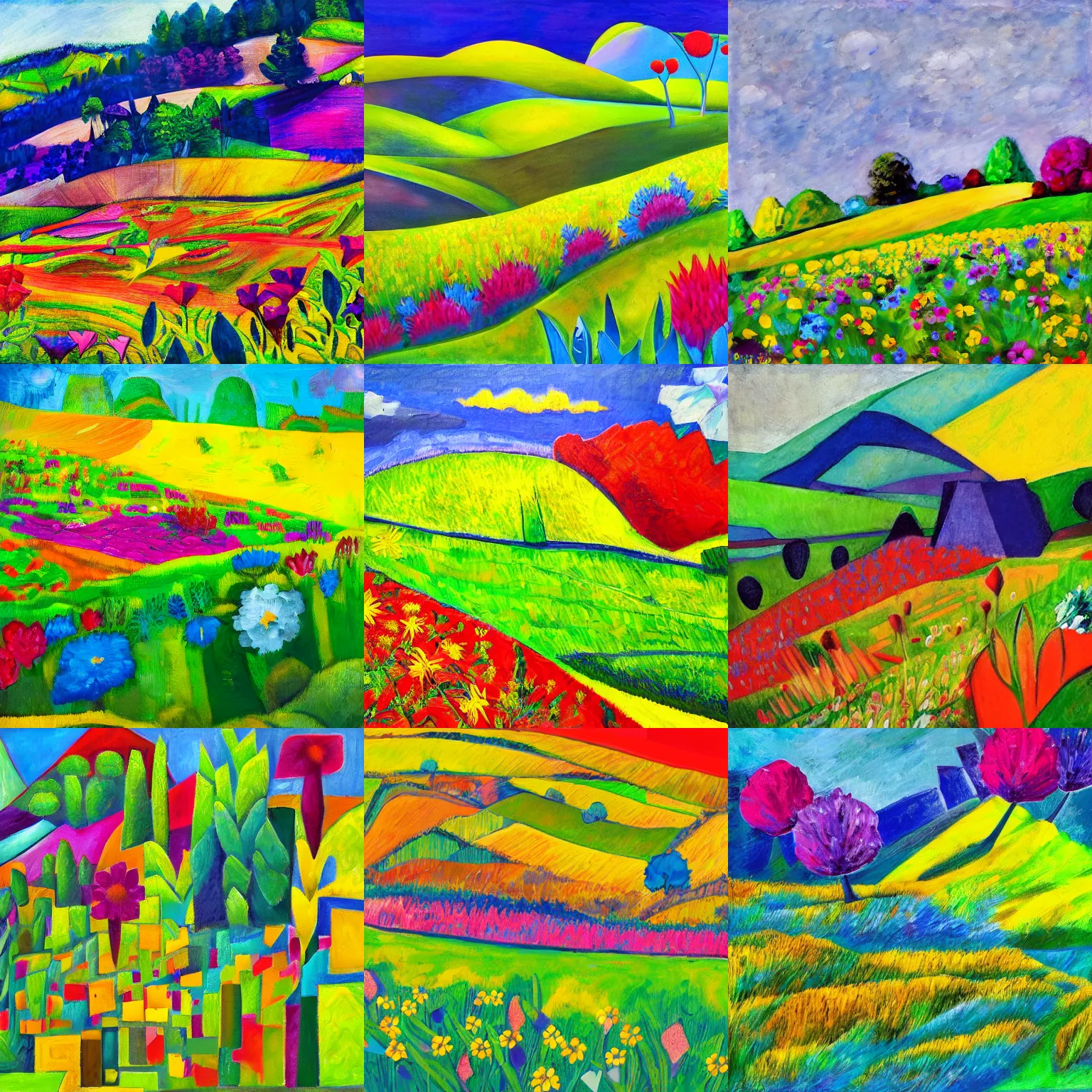 Prompt: meadow with flowers, hill with trees, spring, colorful, bright, cubism, abstract art