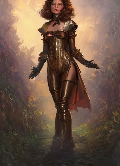 Image similar to beautiful female dorothy gale, rebecca romijn as dorothy, full body character concept, covered in full leather armor, armor plating, art nouveau, super powers, fantasy, intricate, elegant, highly detailed, digital painting, artstation, concept art, shining, sharp focus, illustration, art by stanley lau