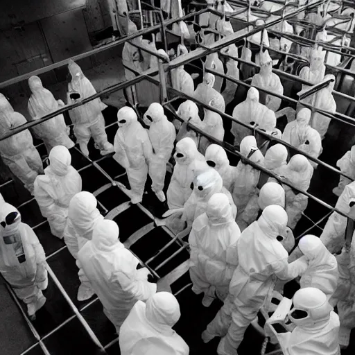 Image similar to MC Escher style underground lab, sterile, human farm, staff wearing hazmat suits, unknown location, photo taken from above, light and shadows