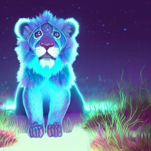 Image similar to bioluminescent cute furry lion on a dreamy biome of oddities, enchanted, magical, fantasy, hyper realism, intricate, digital art, detailed, studio shot, unreal engine 5, octane, high definition, smooth, artstation, behance