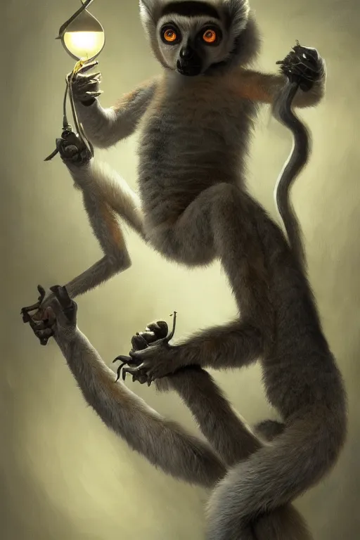 Prompt: lemur inventor, physically accurate, moody dynamic lighting, very very intricate, very very elegant, highly detailed, digital painting, artstation, HR GIGER, Hieronymus Bosch, Francis Bacon, concept art, smooth, very beautiful, sharp focus, illustration, art by artgerm and greg rutkowski and alphonse mucha