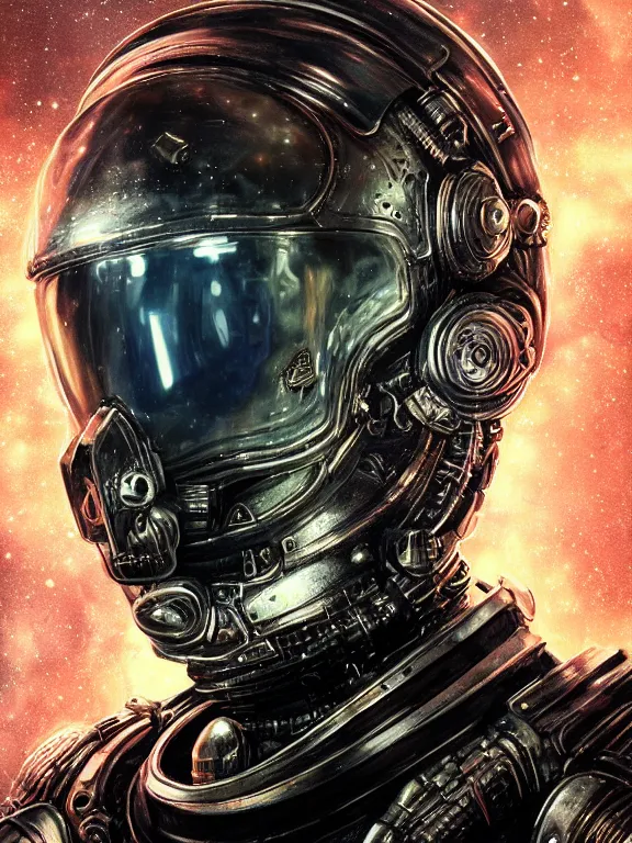 Prompt: portrait art of 8k ultra realistic retro futuristic undead astronaut , galaxy reflected helmet , detailed intricate ornate armour,blade runner, cybernetic, full of colour, cinematic lighting, battered, trending on artstation, 4k, hyperrealistic, focused, extreme details,unreal engine 5, cinematic, masterpiece, art by ayami kojima, giger