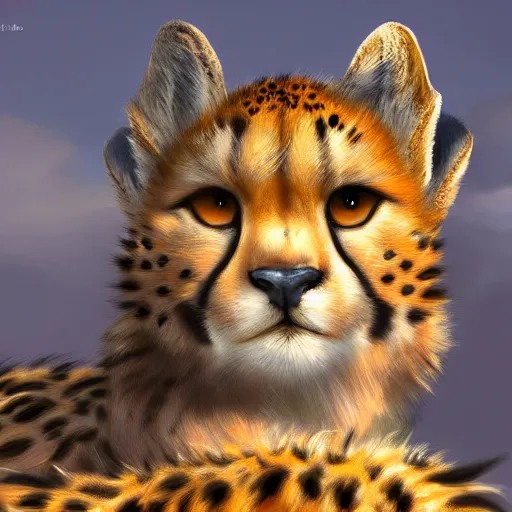 Image similar to beautiful cheetah with lop eared bunny ears and fluffy detailed fur hybrid creature character concept detailed painting 4 k