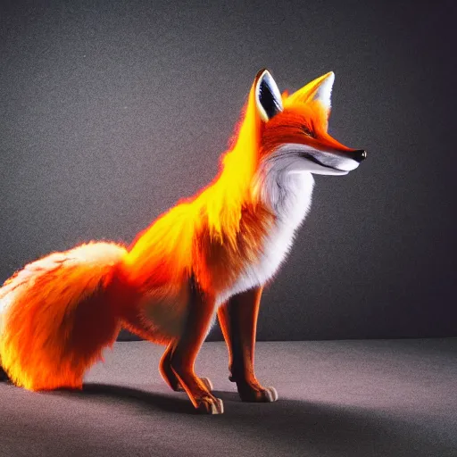 Prompt: A flaming fox standing and posing for the photo, dark background