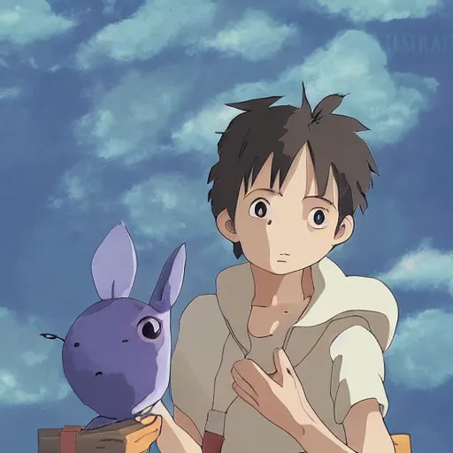 Image similar to friendly guy and small creature , with Fragile looking character portrait face made in Studio Ghibli artstyle ,highly detailed art, beautiful scene, sharp focus, smooth, 8k, anime art, ghibli style