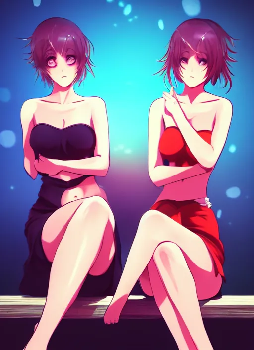 Prompt: two beautiful identical women sitting on a hot summer evening, gorgeous faces, thick lines, cinematic lighting, detailed anime art