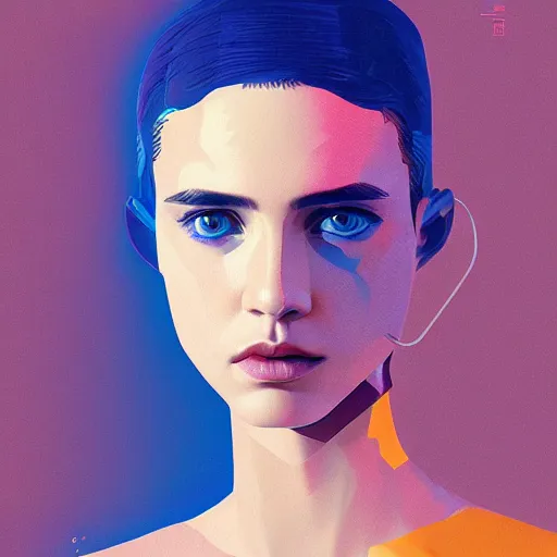 Prompt: highly detailed portrait of androgynous girl, blade runner 2 0 4 9, scorched earth, cassette futurism, modular synthesizer helmet, the grand budapest hotel, glow, digital art, artstation, pop art, by hsiao - ron cheng and artgerm