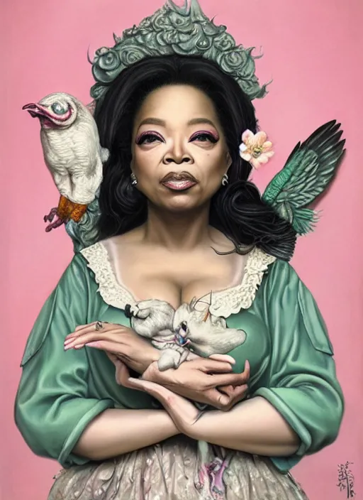 Image similar to pop surrealism, lowbrow art, realistic cute oprah winfrey painting, japanese street fashion, hyper realism, muted colours, rococo, natalie shau, loreta lux, tom bagshaw, mark ryden, trevor brown style,