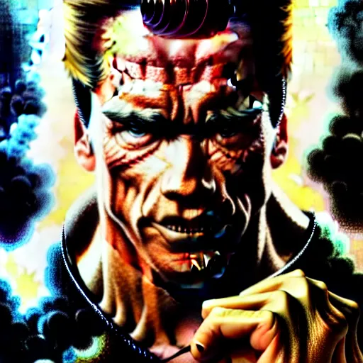 Image similar to uhd photorealistic portrait of nazi arnold schwarzenegger, by amano, ayami kojima, greg rutkowski, lisa frank, mark brooks, and karol bak, masterpiece, cinematic composition, dramatic pose, studio lighting, correct face, hyperdetailed, intricate details