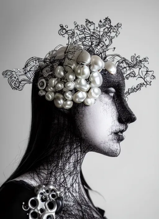 Prompt: black and white dreamy foggy poetic smoky profile face portrait, one silver steampunk realistic eye biomechanical beautiful angelic young female cyborg - robot bust, body ribs meshes,, volumetric light, hibiscus flowers, by cecile beaton, rim light, big gothic fashion pearl embroidered collar, 8 k