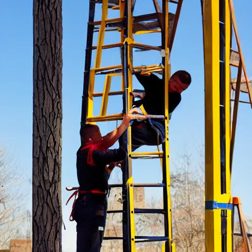 Prompt: three people trying to climb a ladder at the same time